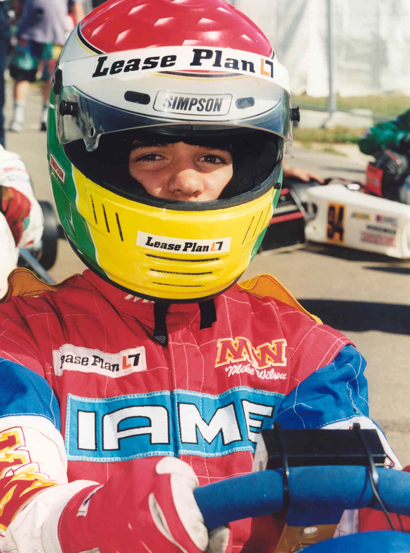 Roldán Rodríguez wearing helmet and racing suit at the 1999 Spanish Junior Karting Championship